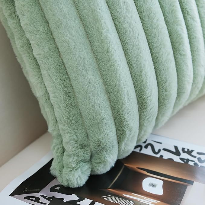 JOJUSIS Pack of 2 Faux Fur Plush Decorative Throw Pillow Covers Couch Cushion Case Soft Pillowcases (Sage Green, 12 x 20-Inch)