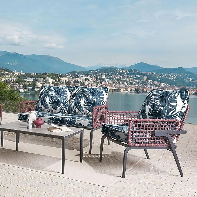 LVTXIII Outdoor Deep Seat Cushion Patio Seat and Back Cushion Set Seasonal Chair Cushion with Removable Cover and Adjustable Buckle for Home and Garden, 22"x22"x4", Palms Blue