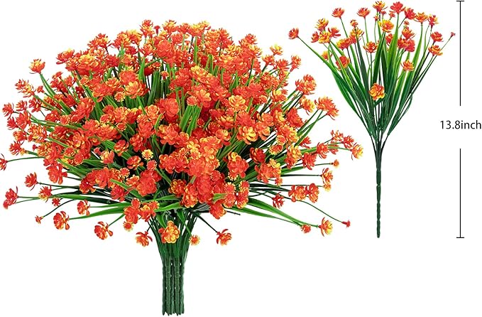 Ouddy Decor 24 Bundles Artificial Flowers for Outdoors UV Resistant Fake Plastic Plants Faux Boston Fern Greenery Stems for Spring Summer Indoor Garden Patio Window Box Kitchen Home Decor, Orange