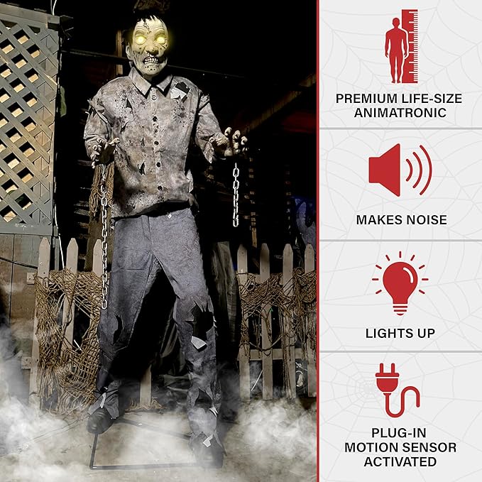 Haunted Hill Farm Motion-Activated 6-Ft. Tall Guard Zombie, Plug-in Scare Prop Animatronic with Spooky Sound Effects and Lights for Indoor or Covered Outdoor Creepy Halloween Decoration