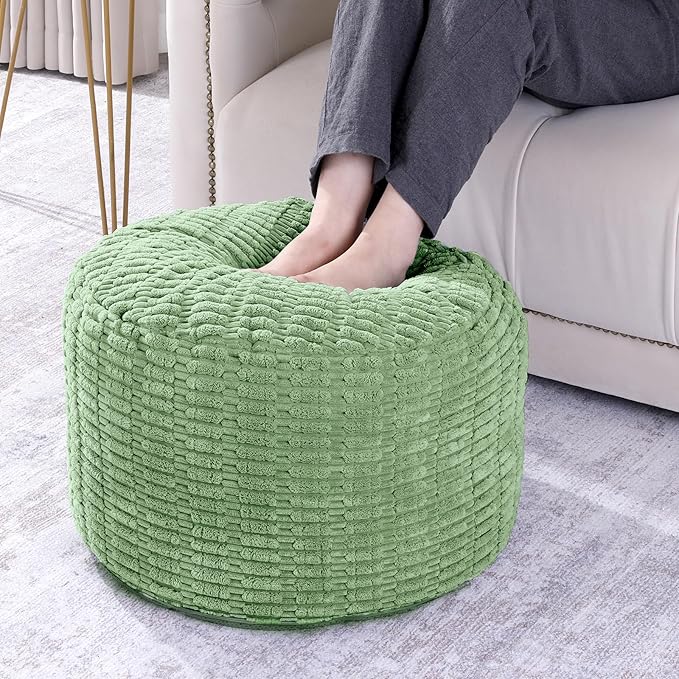 HOMBYS Unstuffed Ottoman Pouf Cover,Round Faux Fur Foot Stool, Fuzzy Chair, Floor Bean Bag(No Filler),Foot Rest with Storage for Living Room, Bedroom, Office, Striped Tufted (Sage Green)