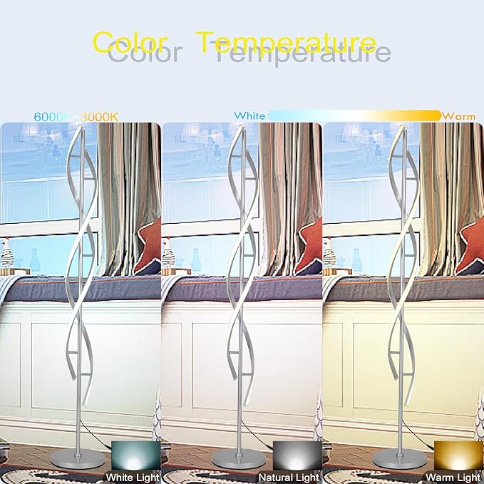 61" LED Floor Lamp for Living Room, 40W 3 Colors Stepless Dimmable and Color-Changing Bright Floor Standing Lamp,Unique Spiral Floor Tall Lamp for Bedroom Office with Remote (Silver)