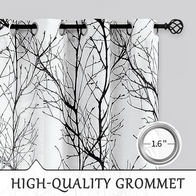 FMFUNCTEX Linen Semi Sheer Curtains for Bedroom, Black White Curtains 84 Inches Long for Living Room, Grey Tree Branch Patterned Curtain Light Filtering Farmhouse Window Drapes, Grommet Top 2 Panels