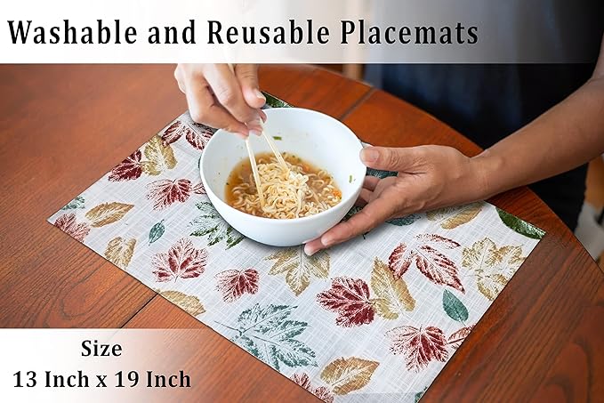 Ruvanti Placemats 100% Cotton 13x19 Inch, Dining Table Placemats Set of 6, Modern Place Mats for Dining Table Decor, Kitchen & Table Linens, Coffee Mat for Christmas Dinners - Stamped Leaves