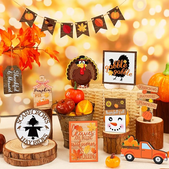 15 Pcs Fall Tiered Tray Decor Set Thanksgiving Fall Pumpkin Home Decorations Rustic Farmhouse Pumpkin Truck Wooden Sign Spice Blocks Autumn Wooden Sign for Festival Gift Tabletop