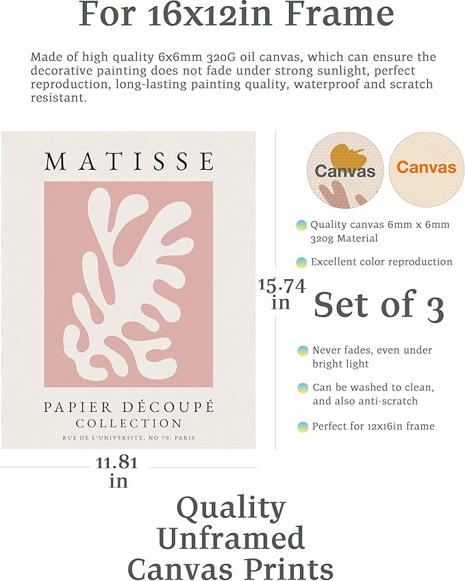 Matisse Art wall Décor Set of 3,Unframed Pink Tree wall art,Truly Quality Canvas Prints for 12x16in,Art poster decoration for kitchen, bathroom,living room,bedroom