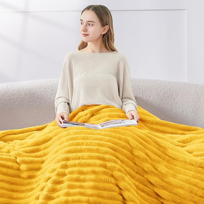 BEDELITE Blankets Queen Size for Bed, 300GSM Soft & Warm Fleece Blanket, Decorative and Giftable Striped Light Yellow Blankets for Women, Men, 90"x90"