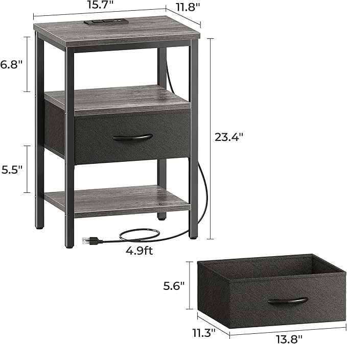 SUPERJARE Nightstand Set of 2, Bed Side Tables with Charging Station, Adjustable Fabric Drawer, Night Stand for Bedroom, 3-Tier Storage End Tables, for Living Room - Charcoal Gray 8030HC