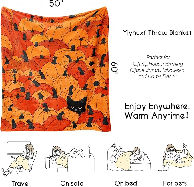 Fall Thanksgiving Blankets,Cat Orange Pumpkin Maple Leaf Farmhouse Blanket Throw, Flannel Fleece Throw Blanket for Home Living Room Couch Bed Chair or Dorm Decor 60"x50"