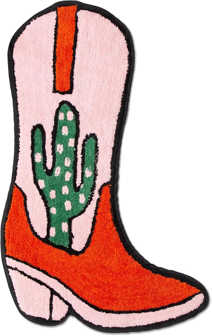 Cowboy Boot Bath Mat - Western Boot Shaped Rug with Pink, Rust, and Green Cactus Design - Water Absorbent (Boot Bath Mat)
