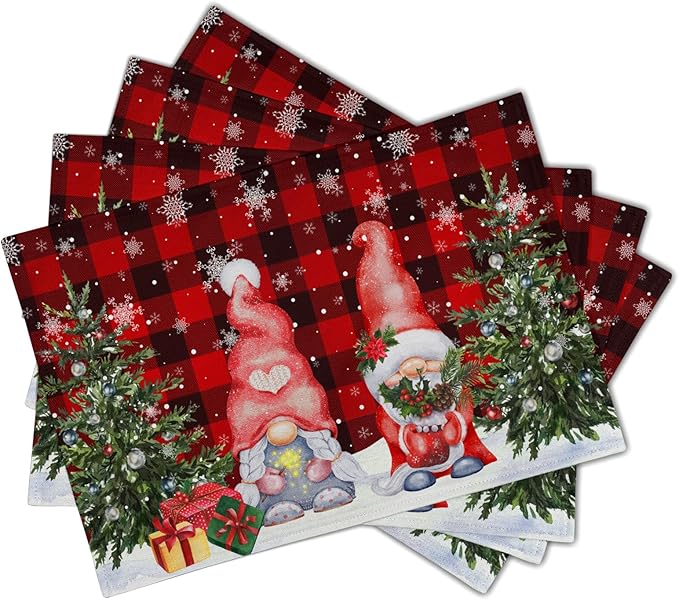 Giwawa Winter Gnomes Placemats Set of 4, Christmas Snowflakes Xmas Trees Linen Table Mats, Red Black Buffalo Plaids Non-Slip Place Mats for Kitchen Dining Holiday Decor, 12x18 Inch