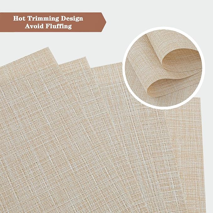 Beige Placemats Set of 4 - Heat Resistant Non-Slip Place mats for Dining Table, Washable Durable PVC Vinyl Woven Table Mats (Beige, 4)