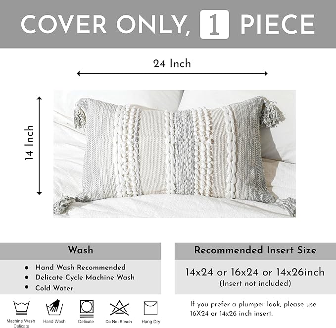 Gray Decorative Lumbar Pillow Cover 14x24, Boho Accent Throw Pillow Case for Couch Sofa Bed, Modern Farmhouse Textured Lumbar Cushion Bedroom Living Room, Cover ONLY