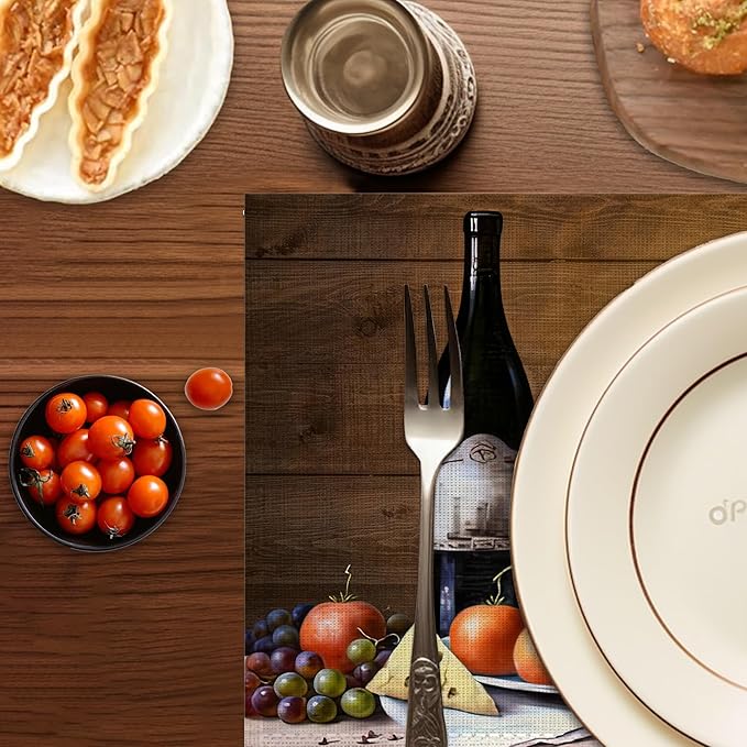 Wine Cheese Placemats Set of 6,Washable Heat Resistant 12×18 Inch Linen Table Mats Vintage Place Mats for Party Outdoor Dining Décor