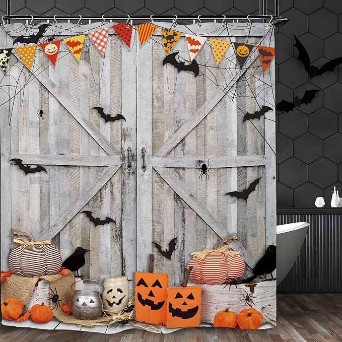 Halloween Pumpkin Bat Shower Curtain 60Wx72L Inch Horror Spooky Scary Barn Door Farmhouse Rustic Wood Wooden Holiday Bathroom Set Accessories Decor with 12 Pack Hooks
