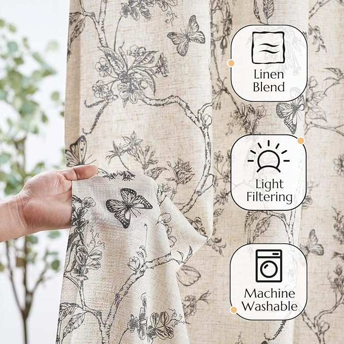 jinchan Floral Curtains Lined Linen Blend Curtain for Living Room 96 Inch Length Black Farmhouse Flower Patterned Curtain French Country Curtains Drapes Back Tab Rod Pocket 2 Panels