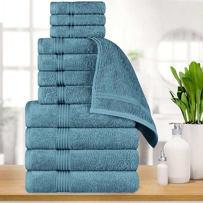 Superior Egyptian Cotton 12-Piece Towel Set, Assorted Towels for Home Bathroom, Guest Bath Decor Essentials, Includes 4 Bath, 4 Hand, 4 Face Towels/Washcloths, Quick Dry, Absorbent - Sapphire