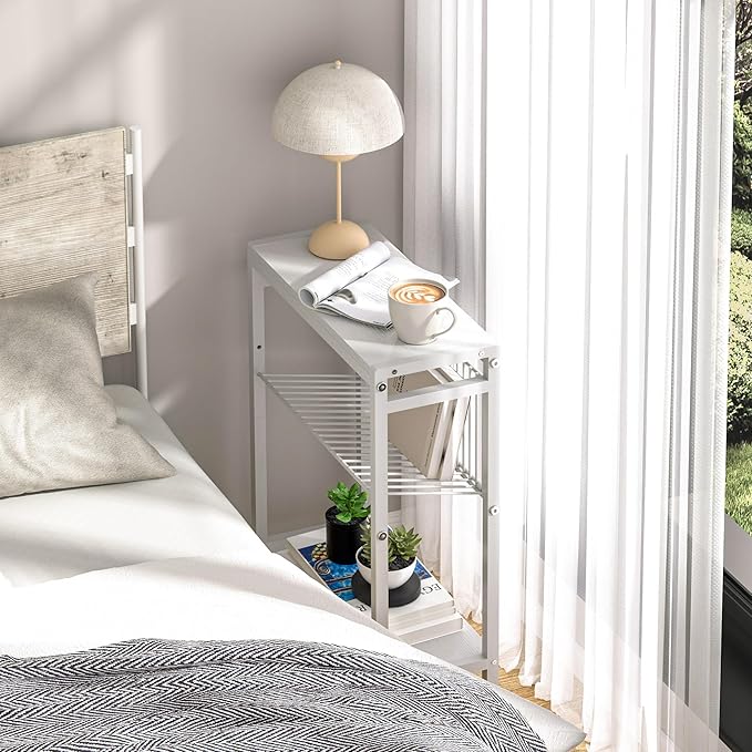 End Table Set of 2 for Small Space, 3-Tier Narrow Side Table with Magazine Holder,Small Nightstand, Skinny Snack Couch Table in Living Room, Bedroom Study and Balcony (White)