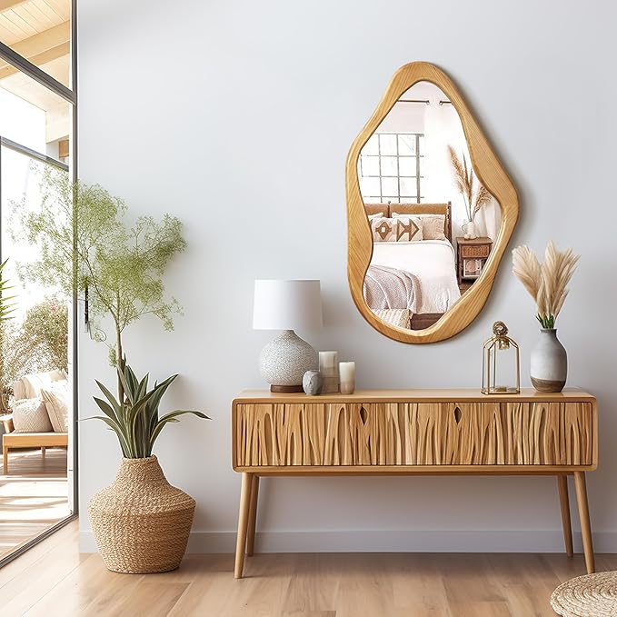 LuxenHome Asymmetrical Wall Mirror with Natural Pine Wood Frame,Irregular Wall Mirror for Living Room,Entryway,Bedroom,Decorative Mirror,Bathroom Mirror, Wood Wall Mounted Mirror