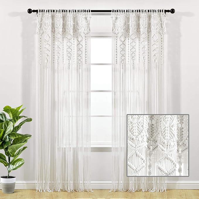 Lush Decor Boho Macrame Textured Cotton Window Curtain Panel, 40" W x 84" L, White - Room Divider or Wedding Decor - Boho, Macrame