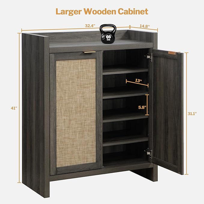 SICOTAS 41" Tall Shoe Cabinet, 24 Pair Shoe Storage Cabinet with Doors and 6-Tier Shelves, Rattan Shoe Cabinet Storage for Entryway, Farmhouse Boho Wooden Cabinet for Hallway, Black Oak