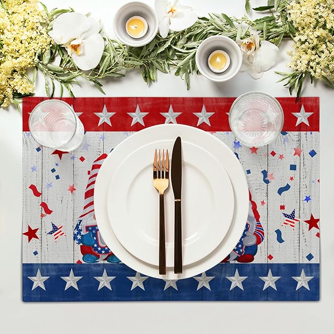 Giwawa Patriotic Gnomes Placemats 12x18inch 4th of July USA Elf American Stars Place Mat Set of 4 for Kitchen Dining Independence Day Heat Resistant Table Mats for Tabletop Holiday Decor