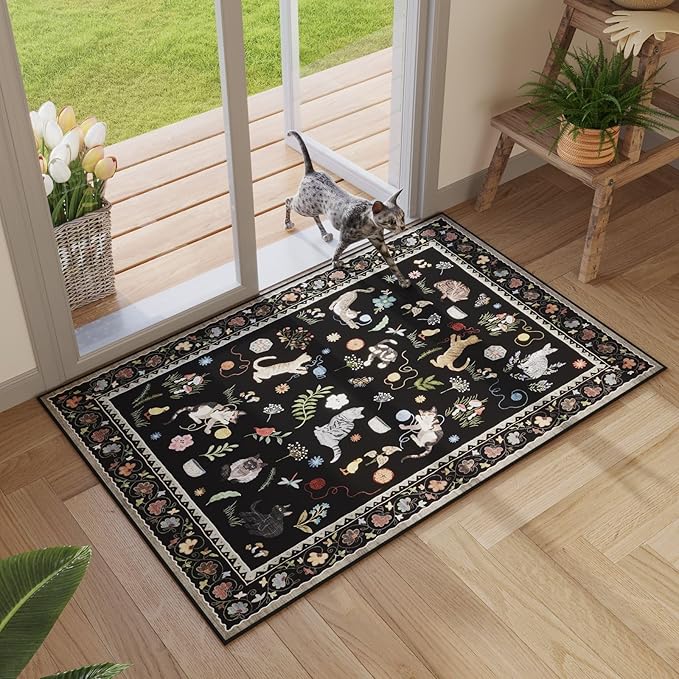 Door Mat Indoor Entrance 2x3 Rug Machine Washable Boho Floral Animal Cat Small Area Rug Non-Slip Low Pile Throw Rugs for Entryway Kitchen Front Door Indoor Entrance Entry Kids Room, Black