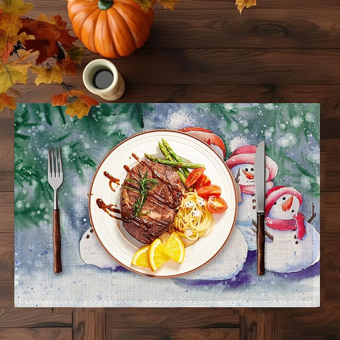 Christmas Placemats Set of 6,Washable Heat Resistant 12×18 Inch Linen Table Mats Snowmen Place Mats for Party Outdoor Dining Décor