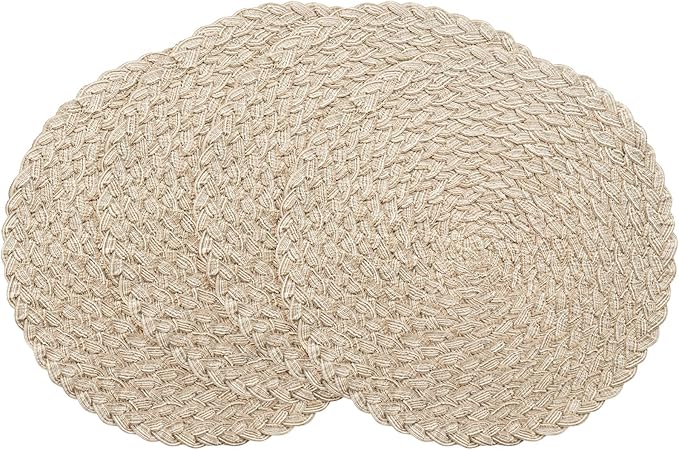 Floroom 15 Inch Round Braided Placemats Set of 4, Washable Heat Resistant Cotton Polyester Circle Boho Place Mats for Kitchen Dining Table - Dunes Khaki