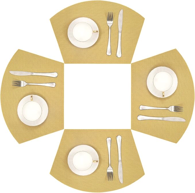 SHACOS Round Table Placemats Wedge Placemat Set of 4 Non Slip Heat Resistant Woven Vinyl Metallic Golden Table Mats Wipe Clean Indoor Outdoor (4, Gold)