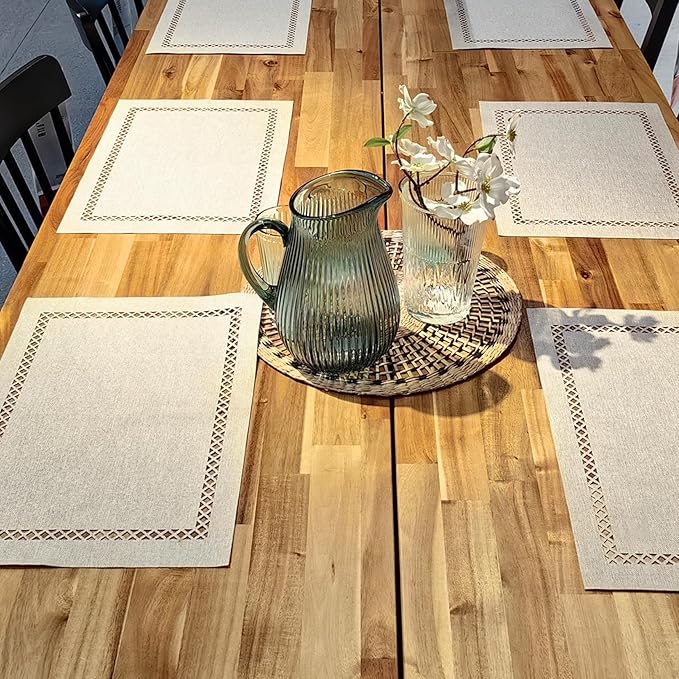 Placemats Set of 4 for Dining Table with Hollow Edge Design- Table Mats 12x 18 Inch, Cloth Place mats Machine Washable (Beige 4pcs)