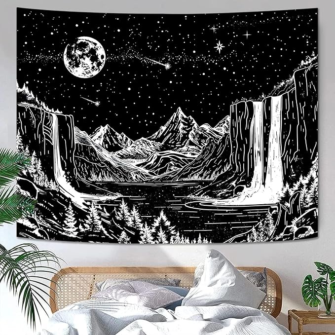 Lunerfex Starry Night Mountain Wall Tapestry - Black and White Celestial Landscape Wall Hanging for Bedroom and Living Room Decor - 3648 Inches