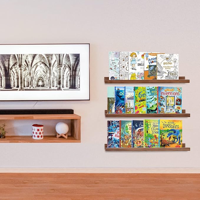 MBYD Floating Wall Shelves Wood Photo Picture Ledge Shelf, 24 Inch Light Walnut Nursery Kids Bookshelf 3 Same Sizes, Kitchen Spice Rack Bathroom Storage Shelves, Wall Mounted Shelves for Bedroom