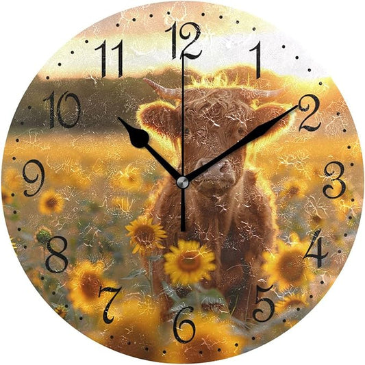 ALAZA Wall Clock Highland Cows Sunflowers Silent Non-Ticking Decorative Wall Clocks Battery Operated 10 Inch for Home Living Room Kitchen Bathroom Bedroom