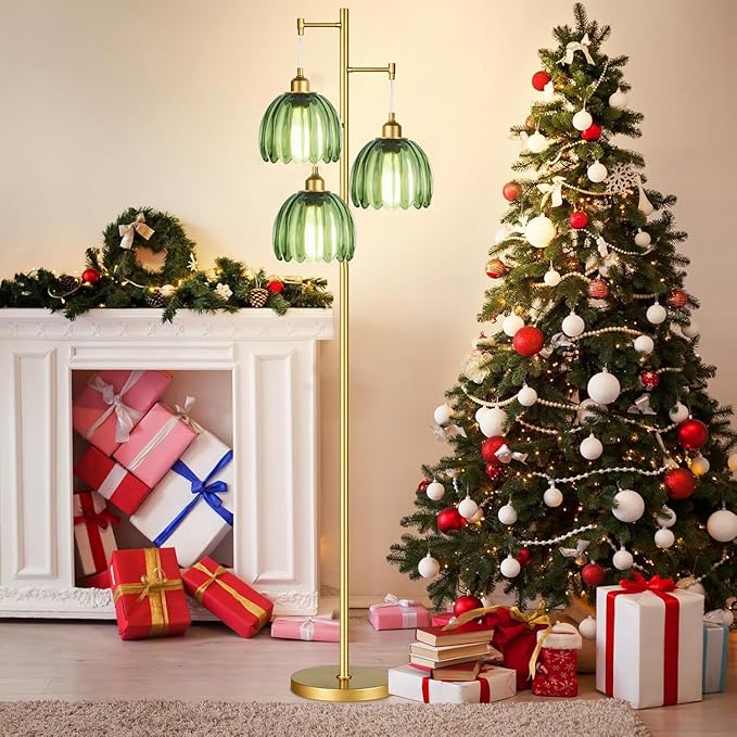 Gold Floor Lamp for Living Room Bedroom,Modern Tree Floor Lamps with Green Glass Shades,68IN Tall Standing Lamp with Bulbs,3 Lights Mid Century Vintage Floor Lamp for Corner Office Reading
