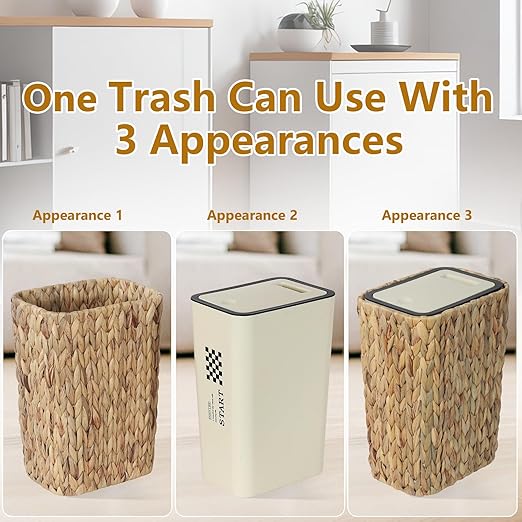 Boho Trash Can with Lid for Bathroom,2.6 Gallon Small Rattan Garbage Can with Press Top Lid,Woven Wastebasket and Hamper 2 in 1 Wicker Trash Basket for Bathroom,Kitchen,Living Room,Bedroom