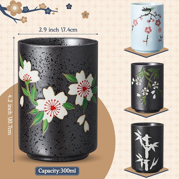 4 Pcs Japanese Tea Cups Handle Less Ceramic Japanese Gifts Chinese Restaurant Teacups Japan Mug Souvenirs for Matcha Bancha Green Tea(10 oz,Sakura)