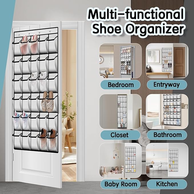 Over the Door Shoe Organizer with 30 Breathable Mesh Pockets - Large Capacity Closet Storage for Men & Women, Hanging Shoe Rack Organizer (White)