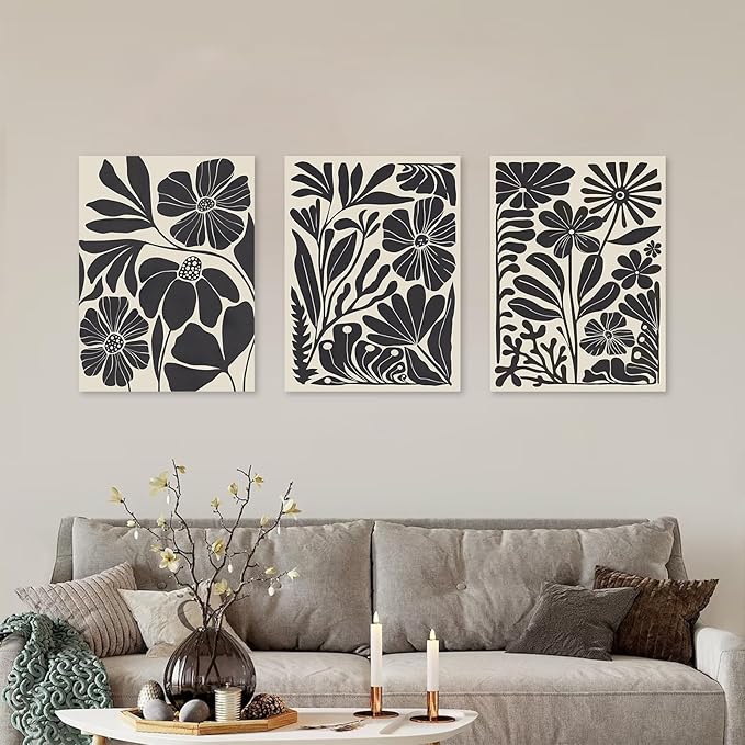 Framed Canvas Wall Art Set of 3, Minimalist Abstract Flower Floral Wall Art for Living Room, Boho Style Wall Decor Paintings, Modern Black Botanical Flower Art Print for Bathroom, Bedroom,