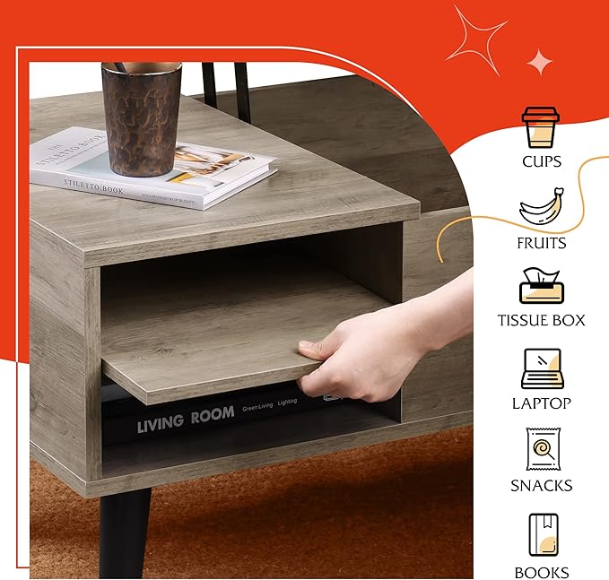 WLIVE Lift Top Coffee Table with Storage for Living Room,Small Hidden Compartment and Adjustable Shelf,Mid Century Modern ,Wood,Greige