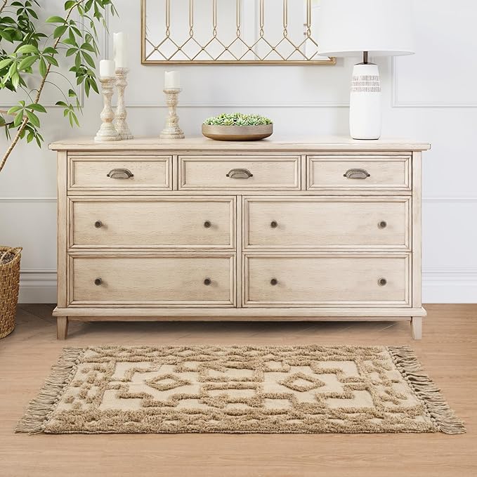 Uphome Kitchen Runner Rug 2' x 4.3', Washable Woven Cotton Bathroom Rug Runners, Khaki Geometric Tufted Entryway Runner Rugs, Bohemian Tribal Throw Rugs for Laundry Room Porch Bedroom