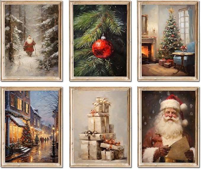 Christmas Canvas Wall Art Christmas Pictures Wall Decor Christmas Poster Winter Vintage Holiday Gallery Print set of 6, Santa Claus Tree Gift, Santa Oil Painting Christmas Holiday Decor- 8"X10"