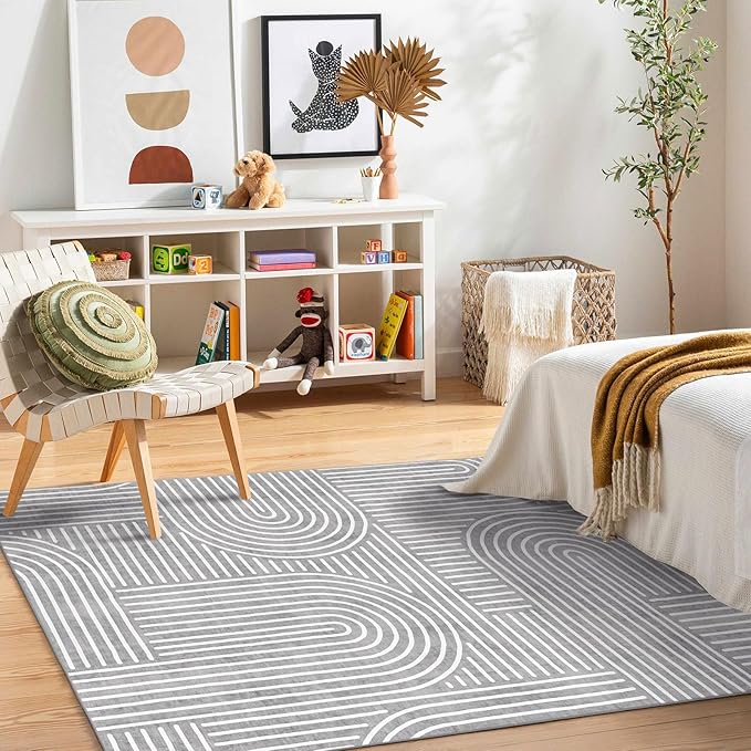 6x9 Area Rug - Large Abstract Washable Non-Slip Grey Stain Resistant Living Room Rug Rainbow Low-Pile Floor Carpet Soft Modern Accent Rugs for Bedroom Dining Room Office Classroom Nursery