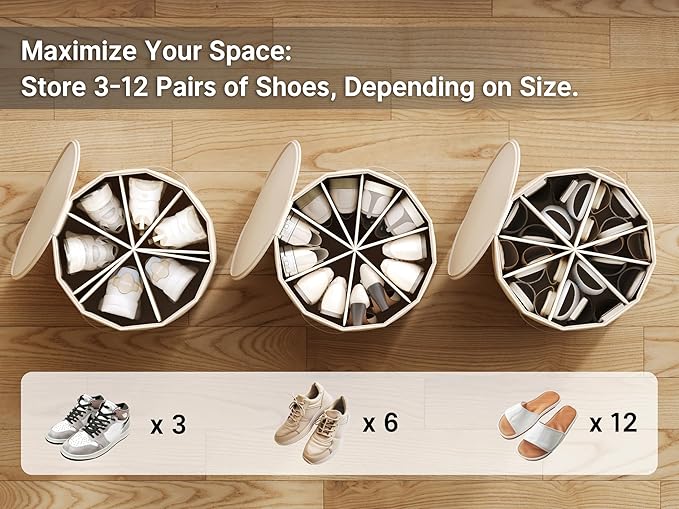 Vailando Shoe Organizer for Closet - Cylindrical Shoe Storage Organizer with Adjustable Dividers for Closet, Foldable, Beige, 2-Pack