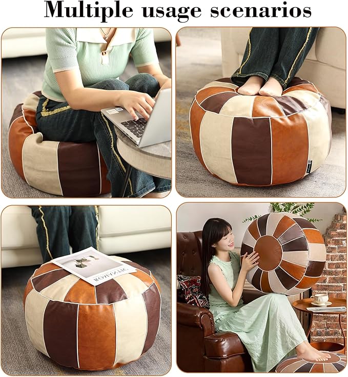 Louis Donné Unstuffed Pouf Ottoman Cover, Faux Leather Foot Stool for Foot Rest, Moroccan Style Pouffe Ottomans, 21" Round Handmade Small Bean Bag Covers for Storage, Footstools for Living Room