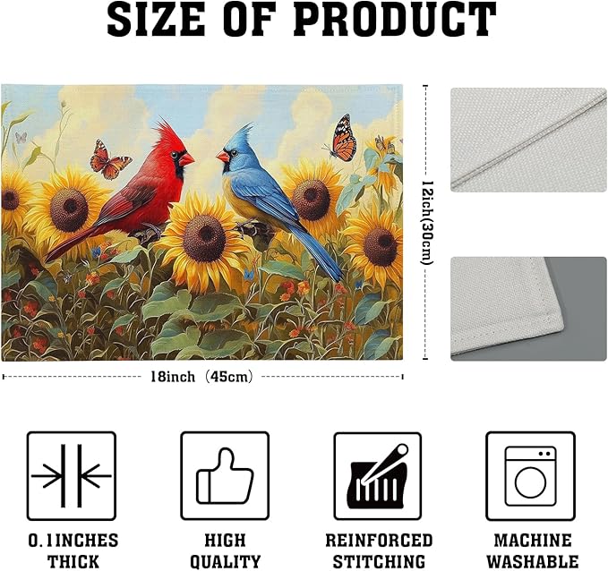 Giwawa Sunflower Birds Placemats Set of 4, Summer Sun Flower Butterflies Linen Place Mat 12x18 Inch, Farmhouse Floral Washable Table Mats Kitchen Dining Tabletop Party Picnic Decor