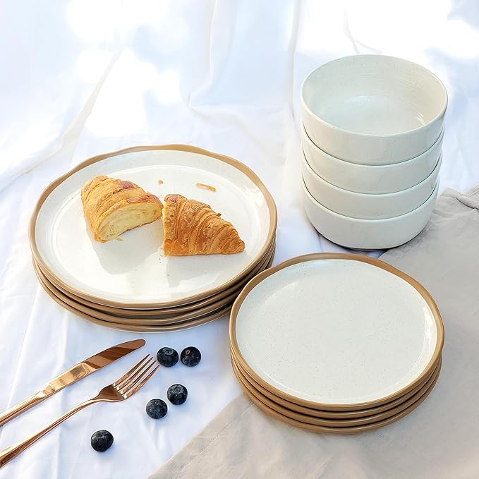 Lareina Plates and Bowls Set, 12 Pieces Farmhouse Ceramic Dinnerware Sets, Scratch Resistance, Dishwasher Microwave Safe, Vanilla White