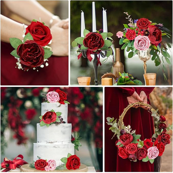 AmyHomie Red Artificial Flowers Combo Silk Mix Peony Rose Fake Flowers w/Stem for Valentine's Day DIY Wedding Bouquets Centerpieces Table Fall Decor Party Bridal Baby Shower Home Decorations