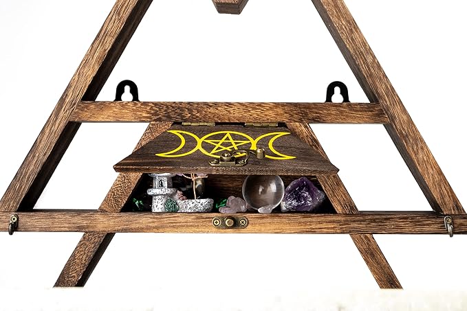 Pracaniz Crystal Shelf with Flap Drawer&Hooks for Wall&Desktop, Moon Shelf for Crystal Holder as Witchy Room Decor,Moon Phase Triangle Shelf,Boho Room Decor&Vintage Room Decor.