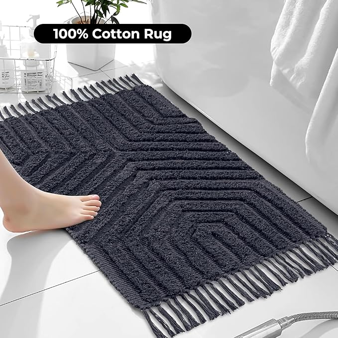 Boho Bathroom Rug 2' x 3', Washable Hand-Woven Tufted Cotton Rug with Tassels for Entryway 24x36 inch, Foyer, Bedroom, or Kitchen - Dark Grey